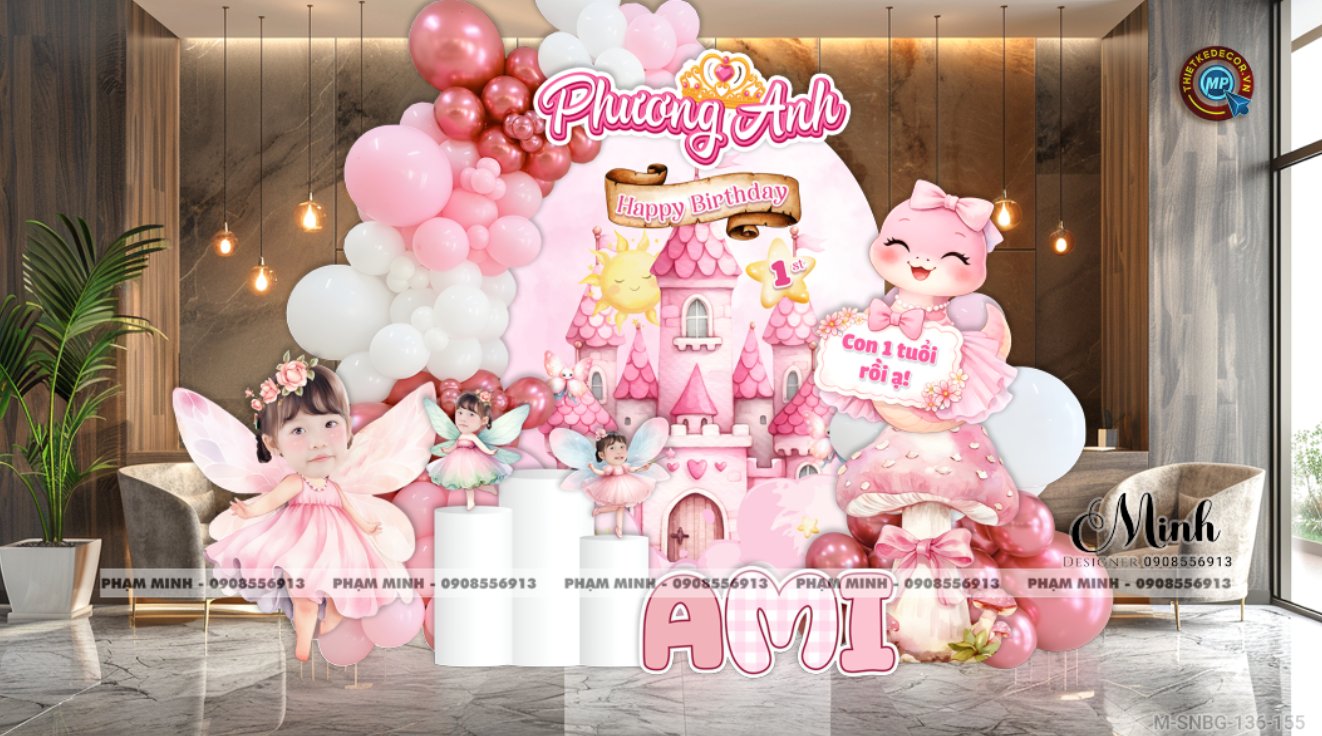 File thiết kế sinh nhật bé gái 1 tuổi rắn tỵ tone hồng decor trang trí bong bóng chủ đề công chúa lâu đài đáng yêu dễ thương sang trọng