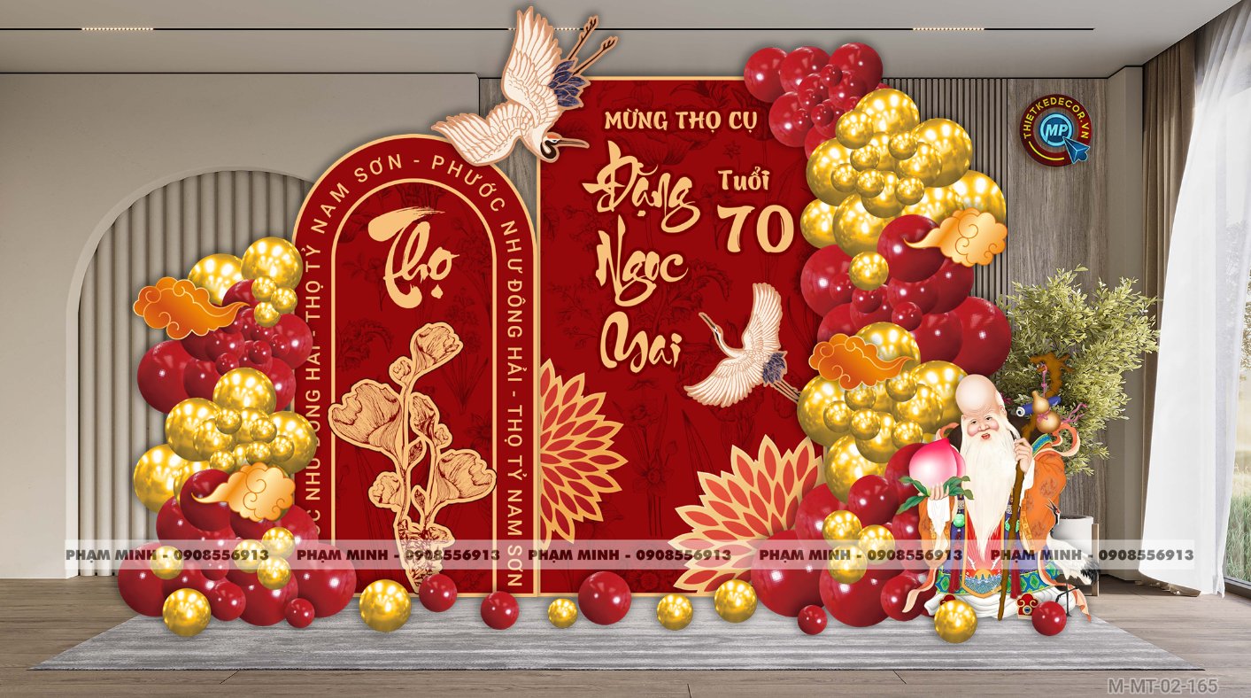 File thiết kế trang trí tiệc mừng thọ decor bong bóng Lễ mừng thọ tuổi 60 70 80 90 sang trọng tone đỏ vàng