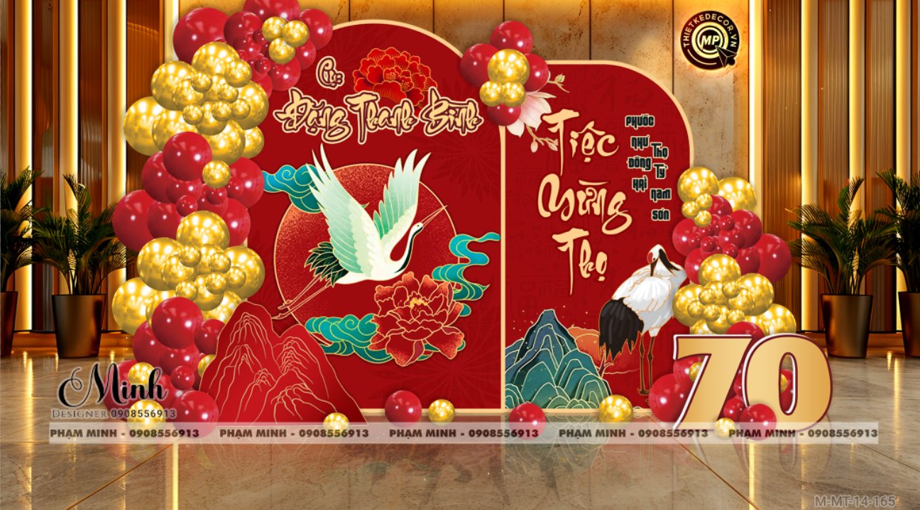 File thiết kế trang trí tiệc mừng thọ decor bong bóng Lễ mừng thọ tuổi 60 70 80 90 sang trọng tone đỏ vàng