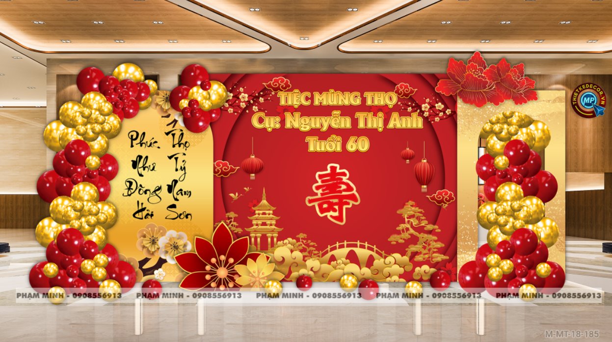 File thiết kế trang trí tiệc mừng thọ decor bong bóng Lễ mừng thọ tuổi 60 70 80 90 sang trọng tone đỏ bạc vàng