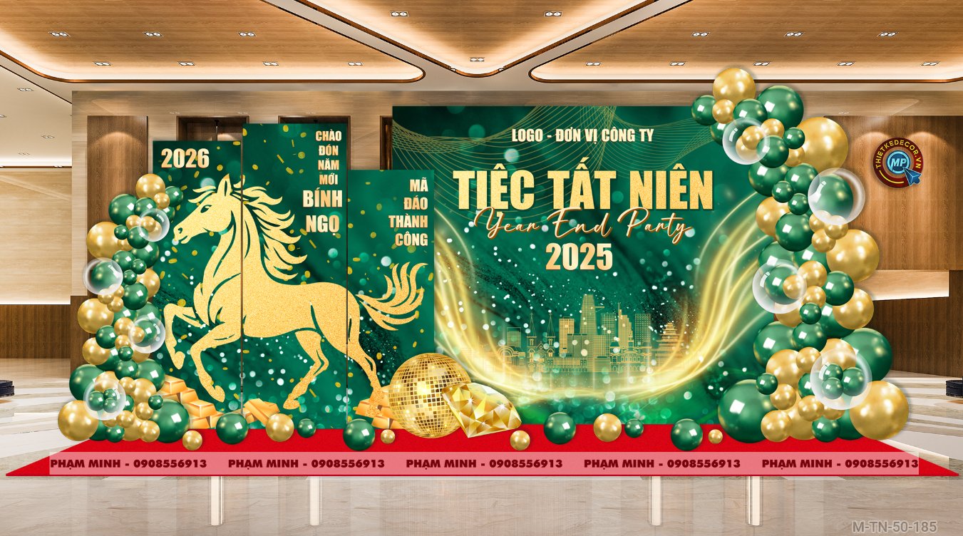 File thiết kế tiệc Tất niên 2025, Year End Party 2025 tone xanh lá luxury trang trí bong bóng căng bạt sang trọng cho công ty.