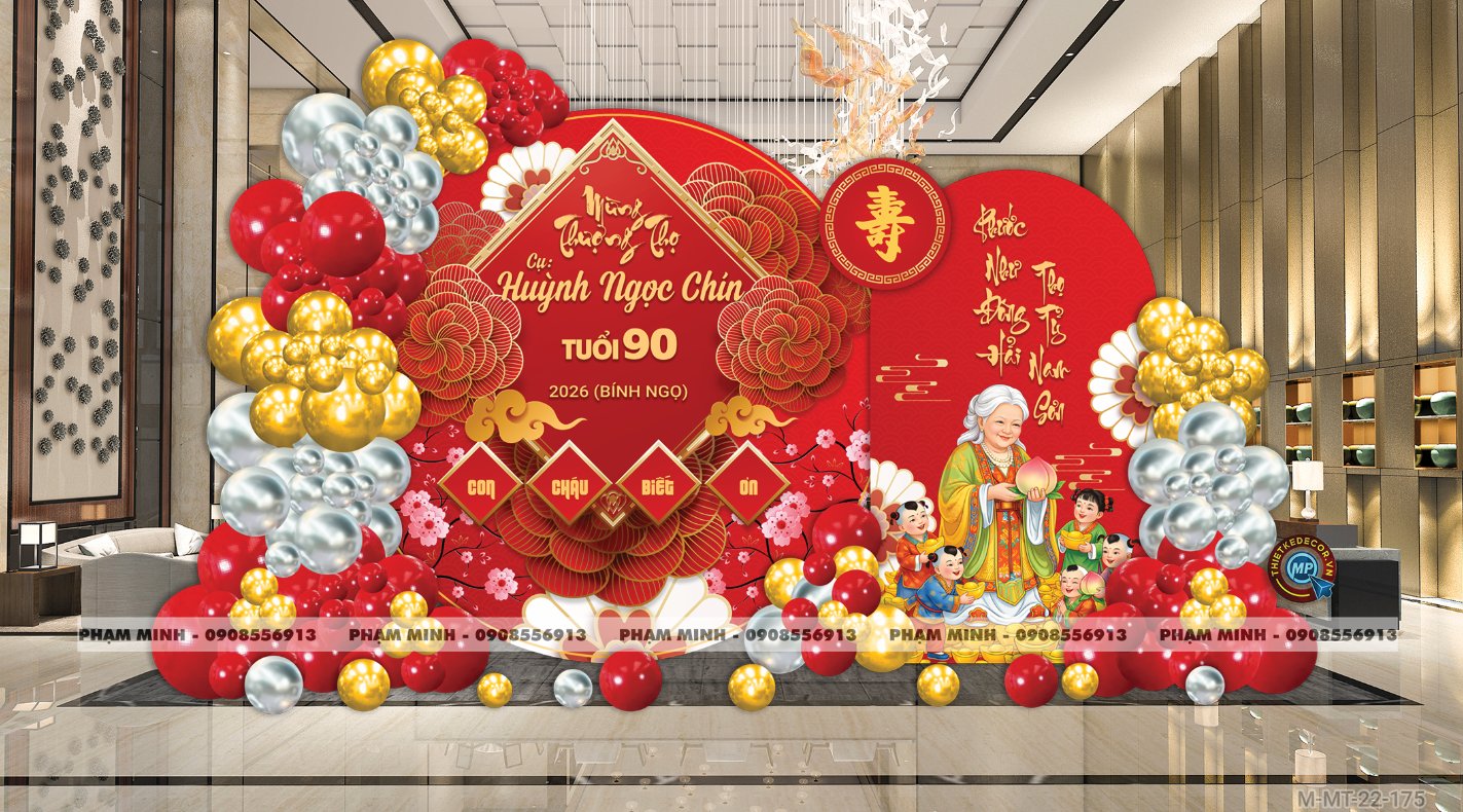 File thiết kế trang trí tiệc mừng thọ decor bong bóng Lễ mừng thọ tuổi 60 70 80 90 sang trọng tone đỏ bạc vàng