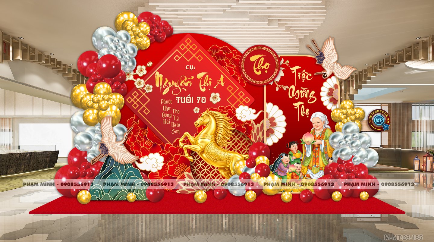 File thiết kế trang trí tiệc mừng thọ decor bong bóng Lễ mừng thọ tuổi 60 70 80 90 sang trọng tone đỏ bạc vàng