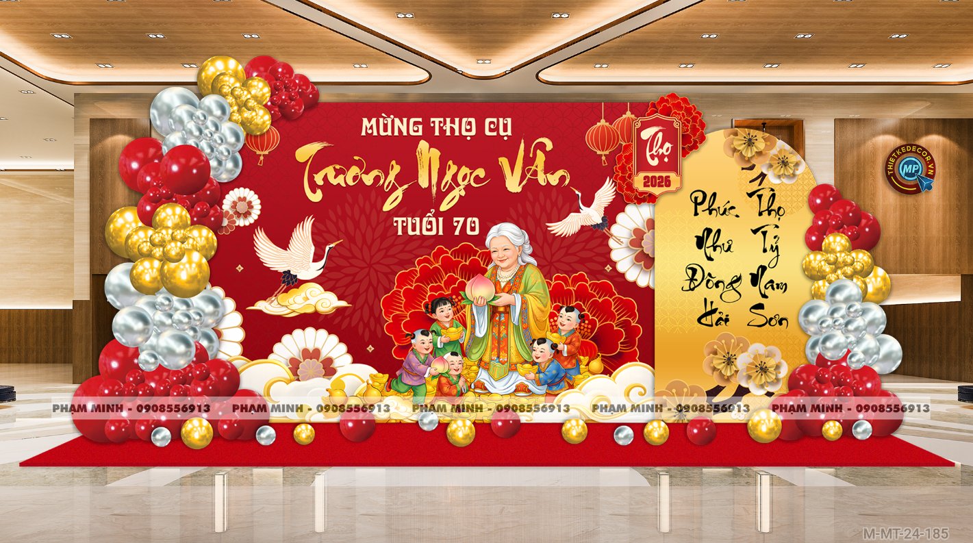 File thiết kế trang trí tiệc mừng thọ decor bong bóng Lễ mừng thọ tuổi 60 70 80 90 sang trọng tone đỏ bạc vàng