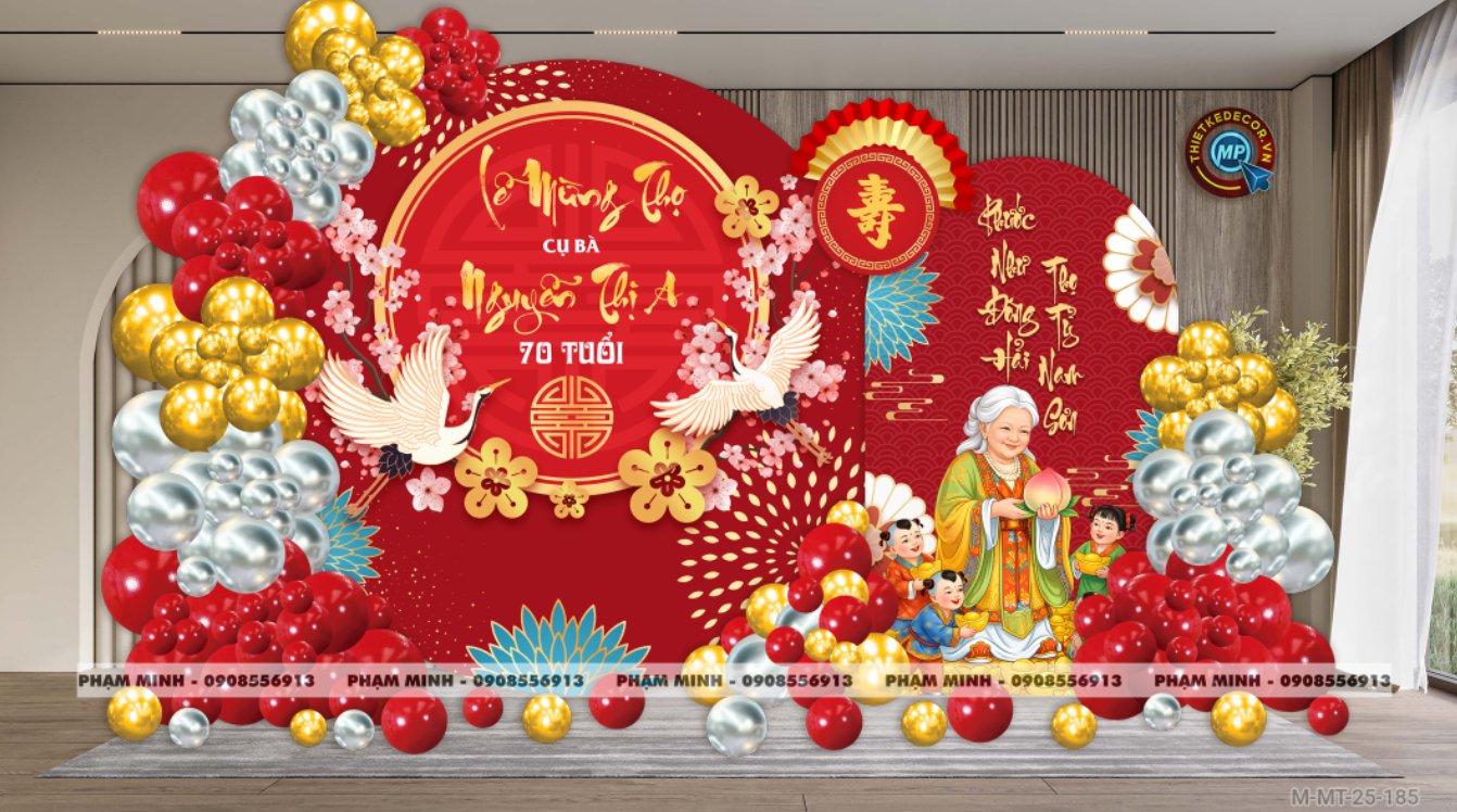 File thiết kế trang trí tiệc mừng thọ decor bong bóng Lễ mừng thọ tuổi 60 70 80 90 sang trọng tone đỏ bạc vàng