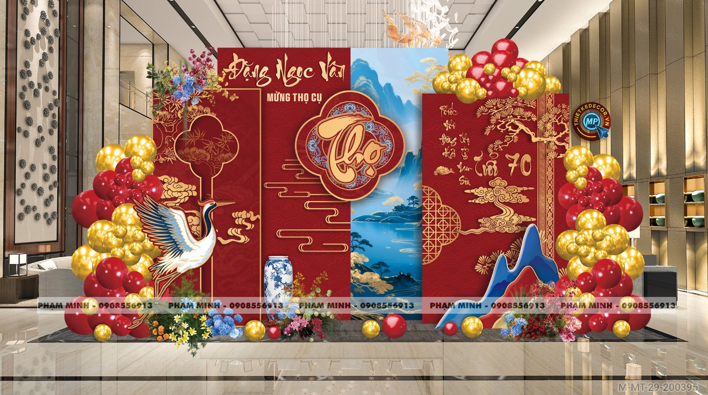 File thiết kế trang trí tiệc mừng thọ decor bong bóng Lễ mừng thọ tuổi 60 70 80 90 sang trọng tone đỏ bạc vàng