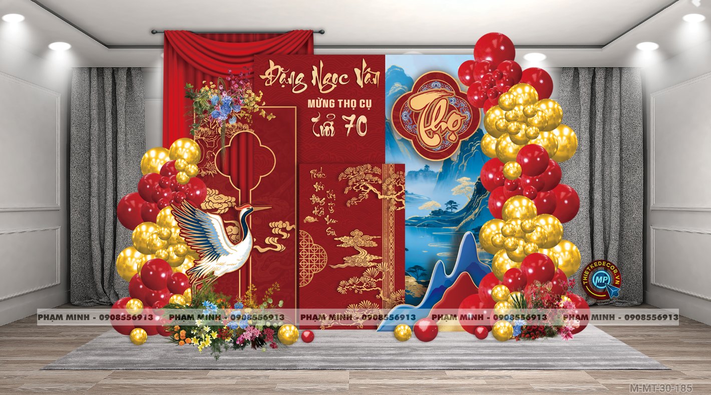 File thiết kế trang trí tiệc mừng thọ decor bong bóng Lễ mừng thọ tuổi 60 70 80 90 sang trọng tone đỏ bạc vàng