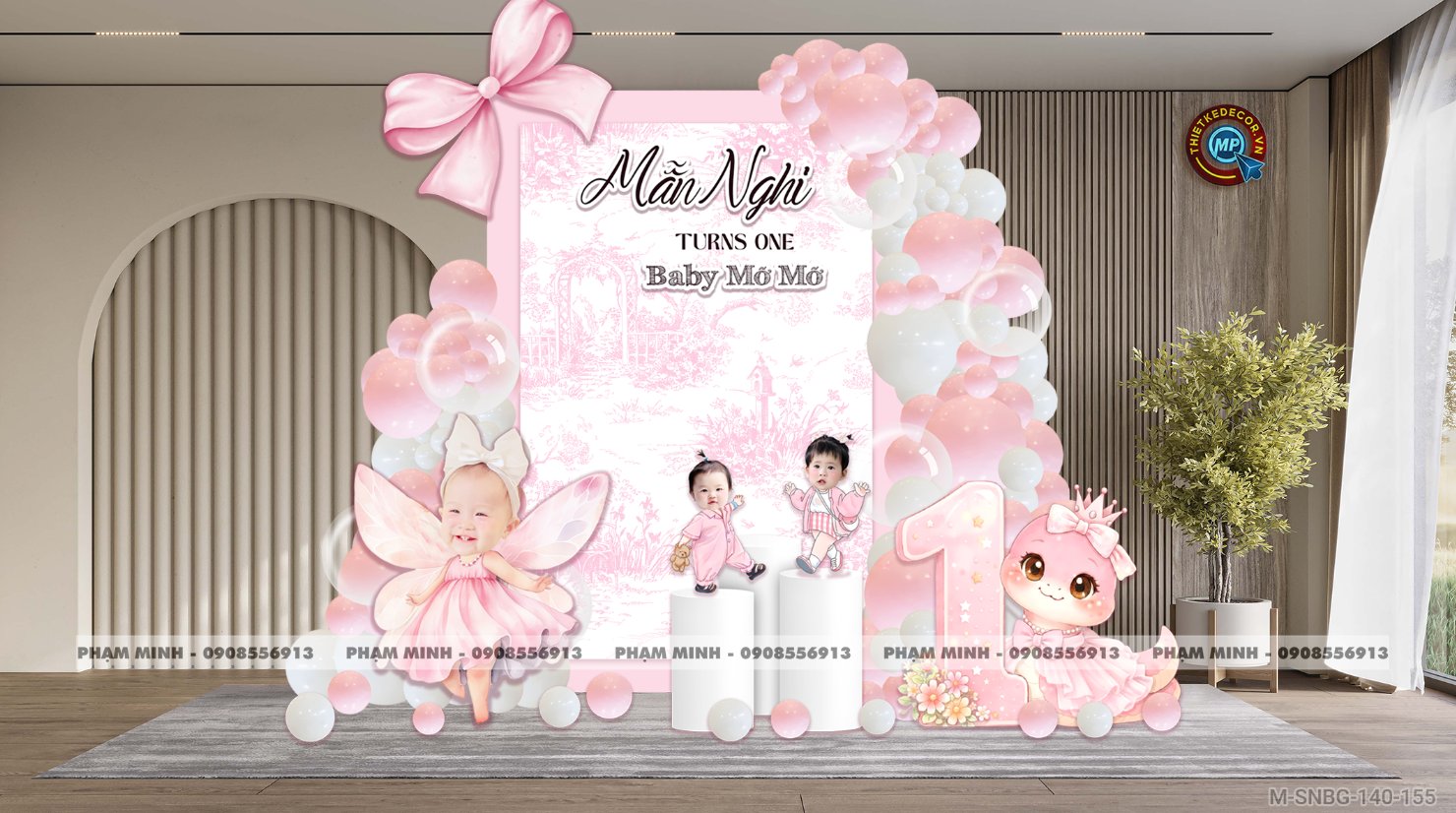 File thiết kế sinh nhật bé gái 1 tuổi rắn tỵ tone hồng decor trang trí bong bóng chủ đề công chúa lâu đài đáng yêu dễ thương sang trọng