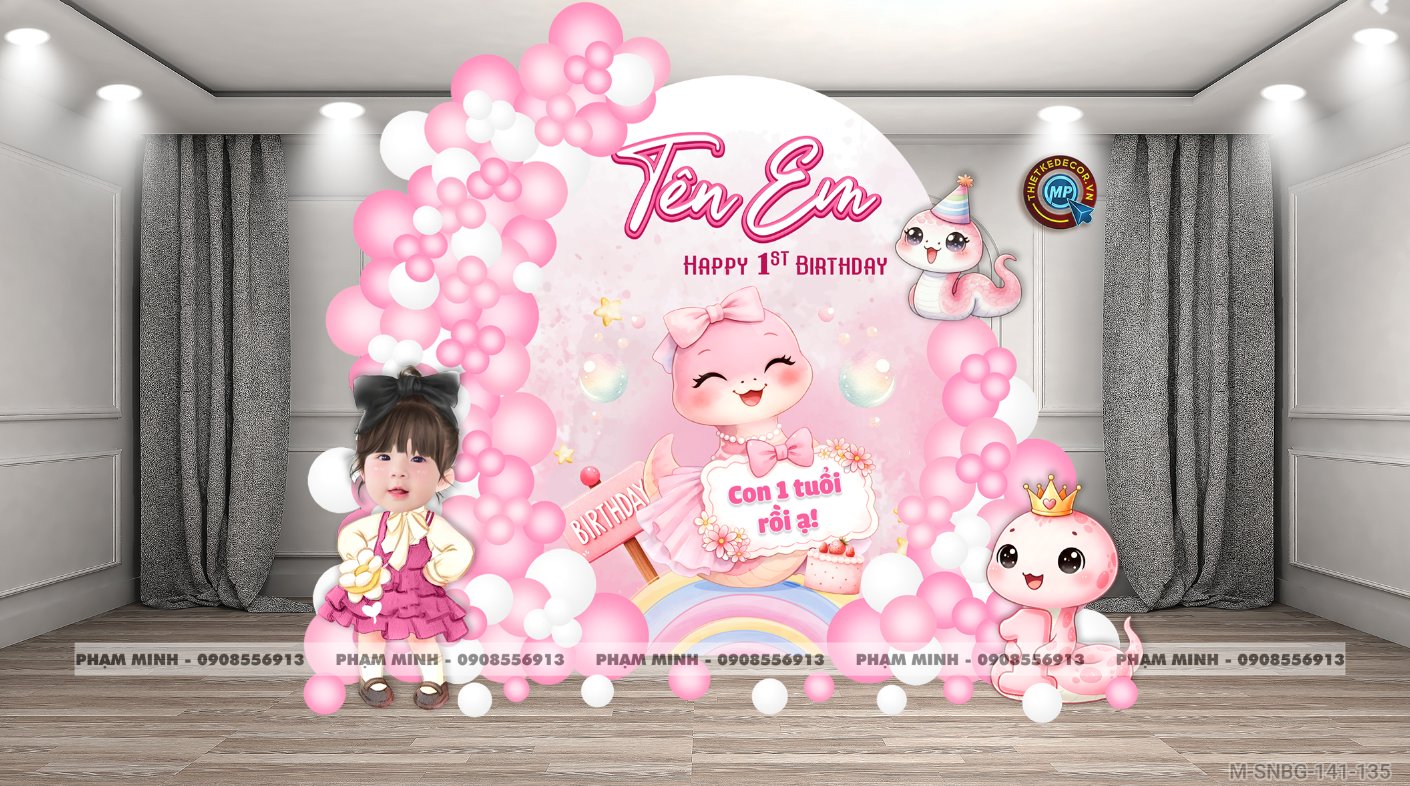 File thiết kế sinh nhật bé gái 1 tuổi rắn tỵ tone hồng decor trang trí bong bóng chủ đề công chúa lâu đài đáng yêu dễ thương sang trọng