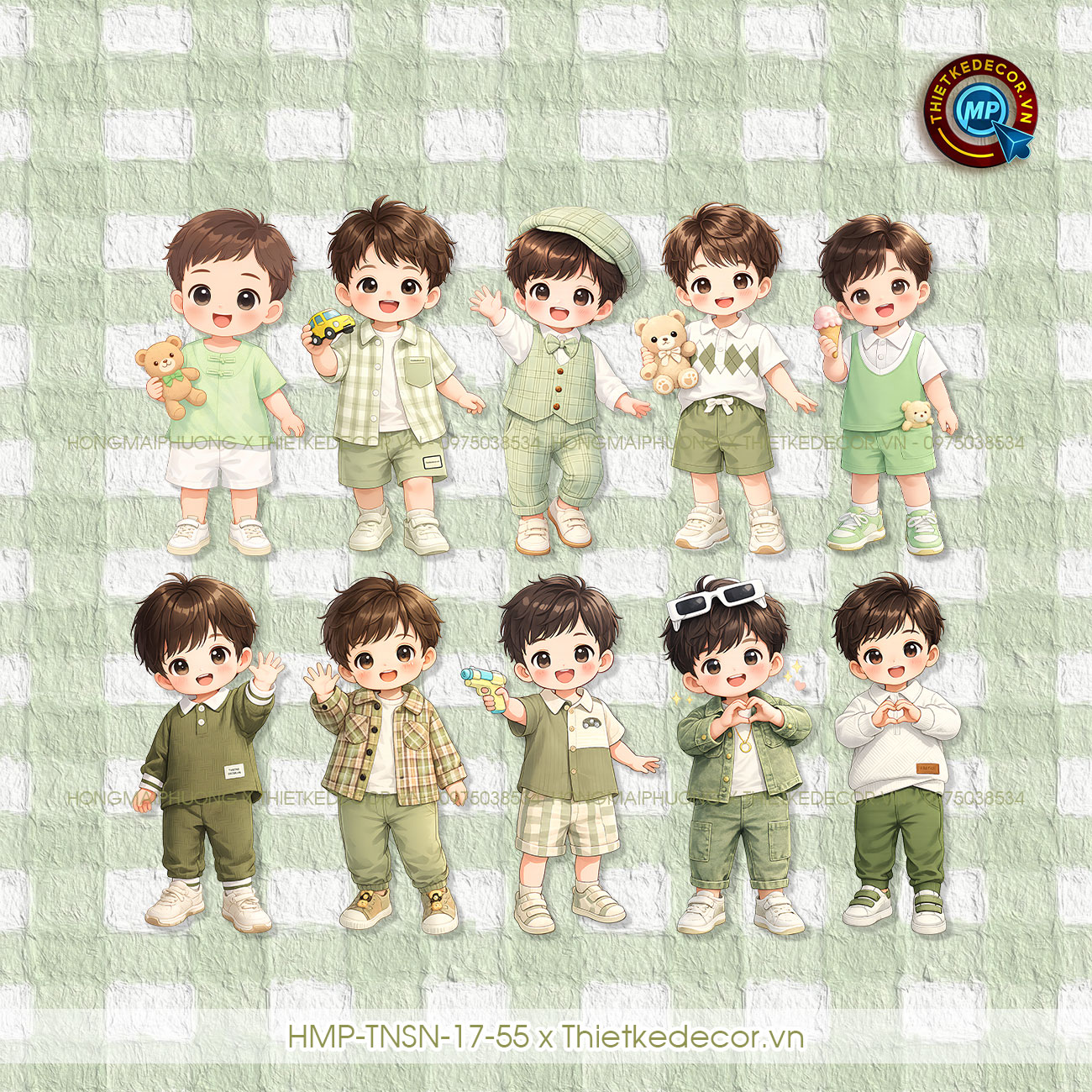 File PNG set 10 chibi bé trai tone xanh las