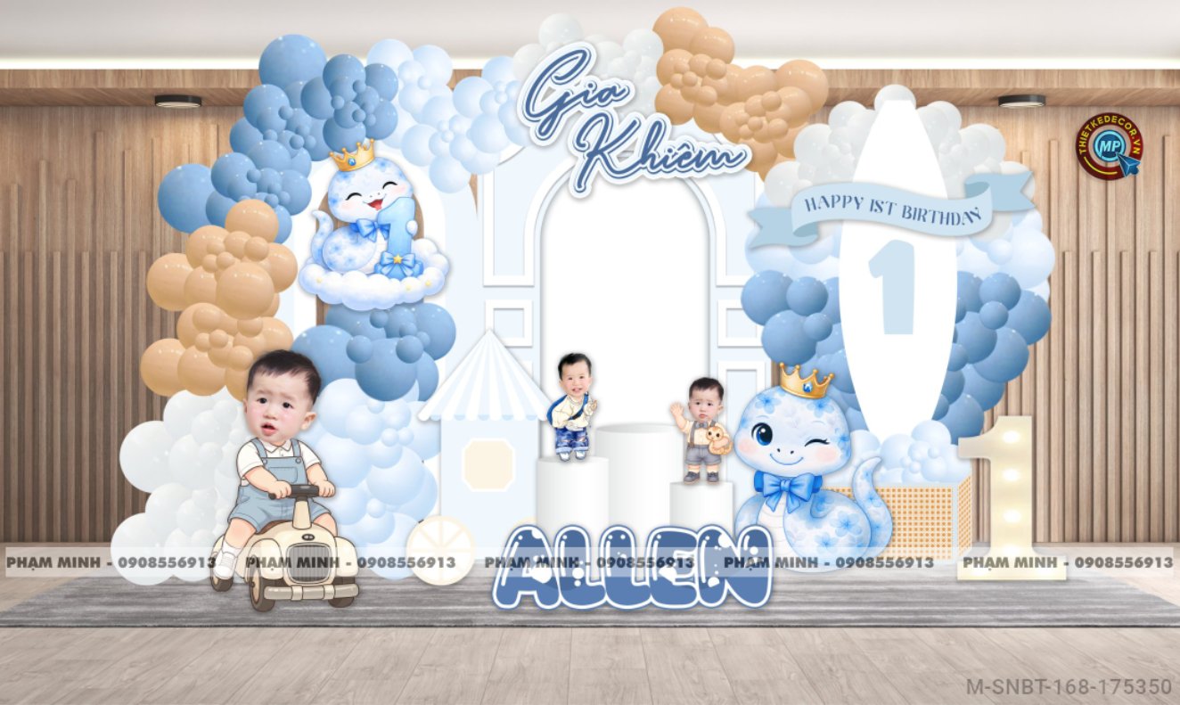 File thiết kế sinh nhật bé trai 1 tuổi rắn tỵ decor trang trí bong bóng tone xanh da trời cute dễ thương đáng yêu