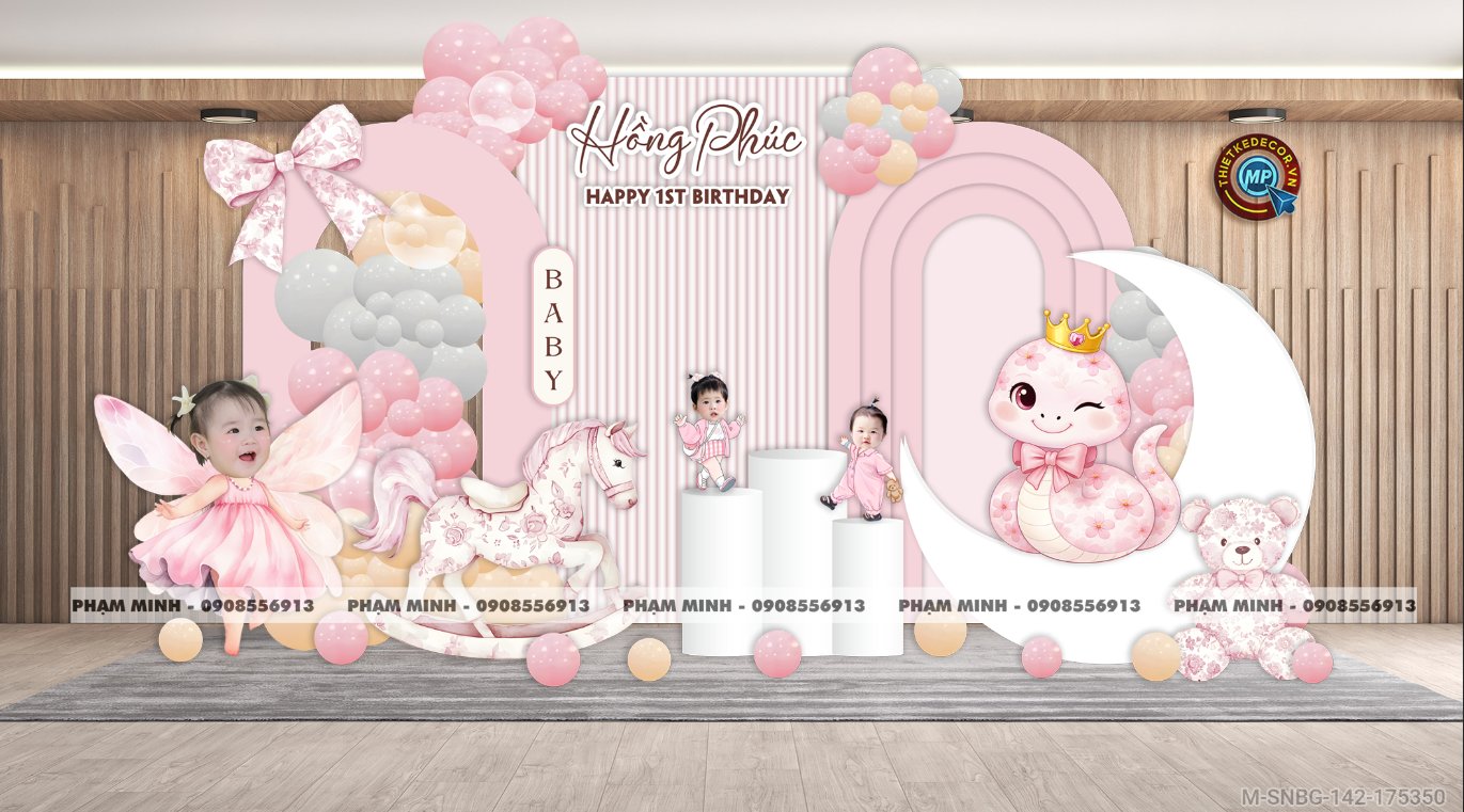 File thiết kế sinh nhật bé gái 1 tuổi rắn tỵ tone hồng decor trang trí bong bóng chủ đề công chúa lâu đài đáng yêu dễ thương sang trọng