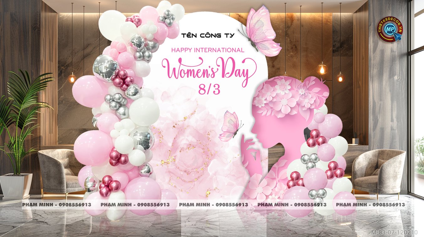 File thiết kế trang trí decor chúc chào mừng ngày Quốc tế Phụ nữ 8 tháng 3 tone hồng đẹp sang trọng cho Ngân hàng, công ty, nhà hàng, sảnh chung cư, trường học, quán cà phê...