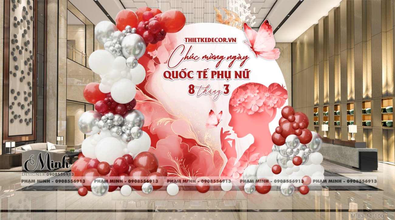File thiết kế trang trí decor chúc chào mừng ngày Quốc tế Phụ nữ 8 tháng 3 tone đỏ đẹp sang trọng cho Ngân hàng, công ty, nhà hàng, sảnh chung cư, trường học, quán cà phê...