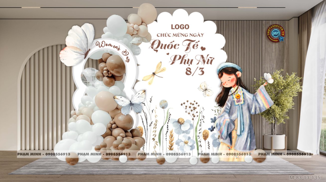 File thiết kế trang trí decor chúc chào mừng ngày Quốc tế Phụ nữ 8 tháng 3 tone trắng nâu be đẹp sang trọng cho Ngân hàng, công ty, nhà hàng, sảnh chung cư, trường học, quán cà phê...