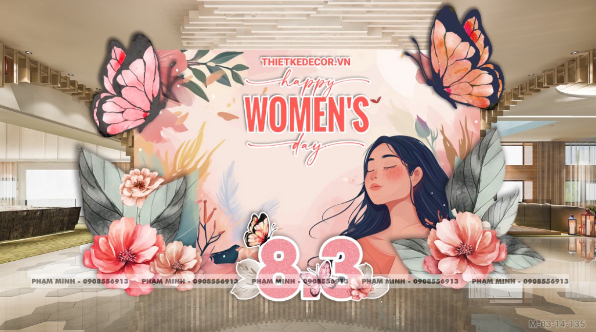 File thiết kế trang trí decor chúc chào mừng ngày Quốc tế Phụ nữ 8 tháng 3 tone hồng đẹp sang trọng cho Ngân hàng, công ty, nhà hàng, sảnh chung cư, trường học, quán cà phê...