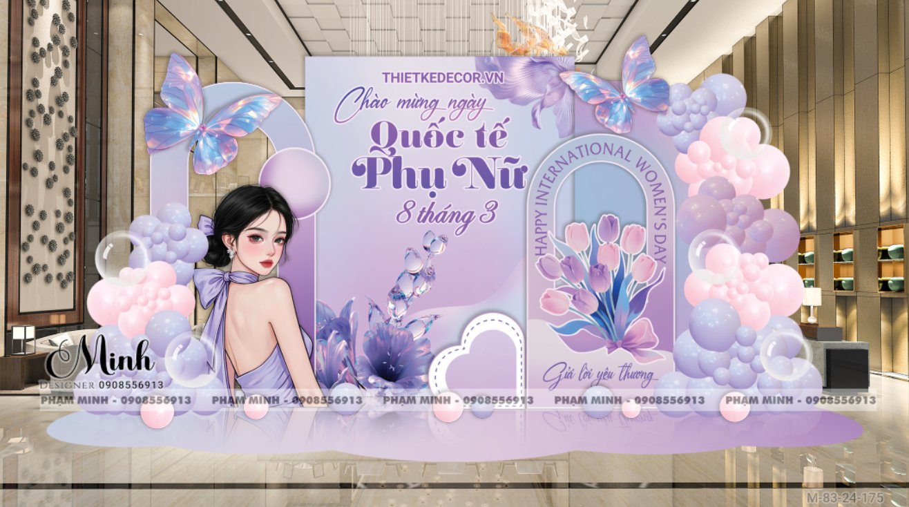File thiết kế trang trí decor chúc chào mừng ngày Quốc tế Phụ nữ 8 tháng 3 tone tím đẹp sang trọng cho Ngân hàng, công ty, nhà hàng, sảnh chung cư, trường học, quán cà phê...
