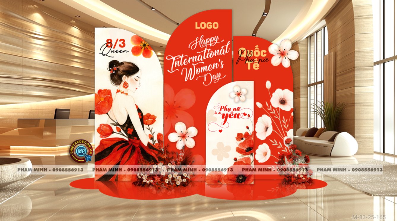 File thiết kế trang trí decor chúc chào mừng ngày Quốc tế Phụ nữ 8 tháng 3 tone đỏ đẹp sang trọng cho Ngân hàng, công ty, nhà hàng, sảnh chung cư, trường học, quán cà phê...