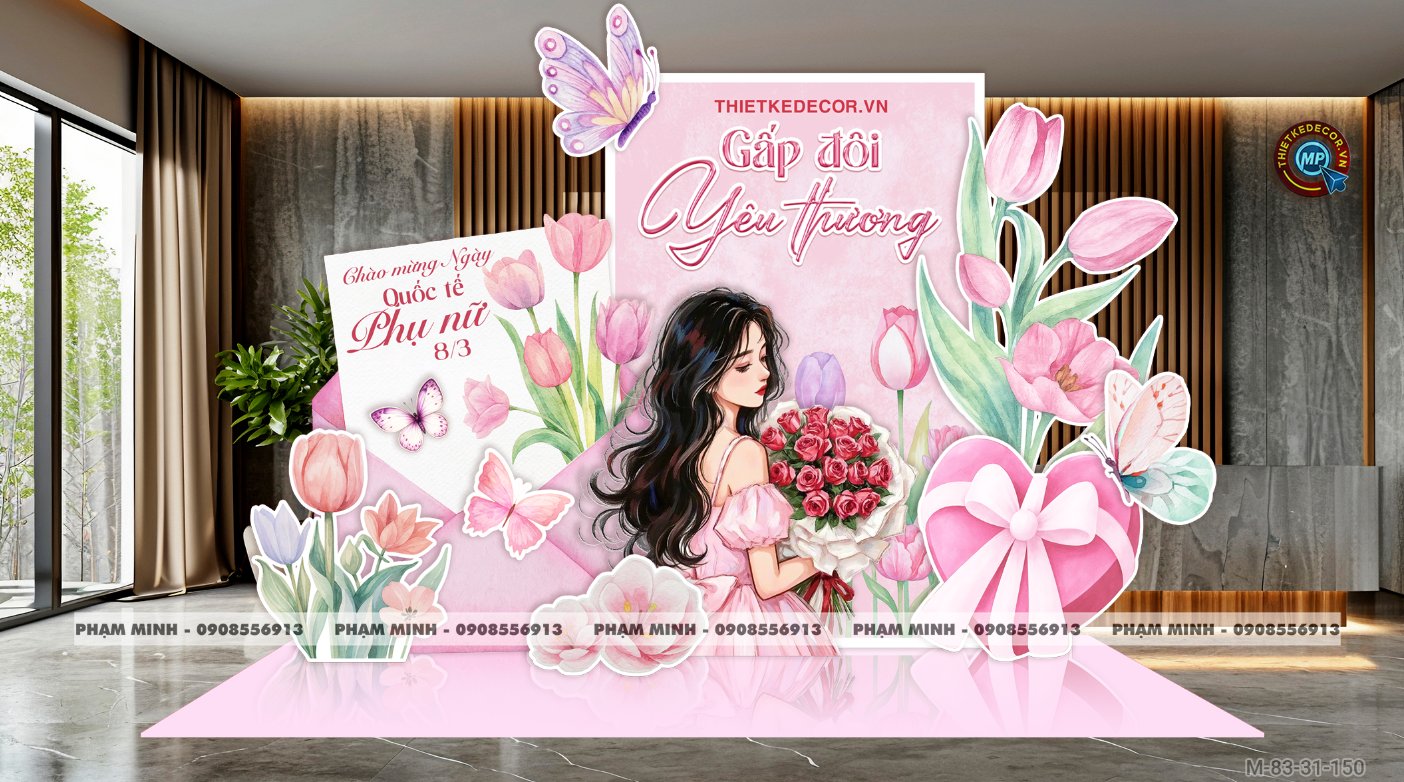 File thiết kế trang trí decor chúc chào mừng ngày Quốc tế Phụ nữ 8 tháng 3 tone hồng đẹp sang trọng cho Ngân hàng, công ty, nhà hàng, sảnh chung cư, trường học, quán cà phê...