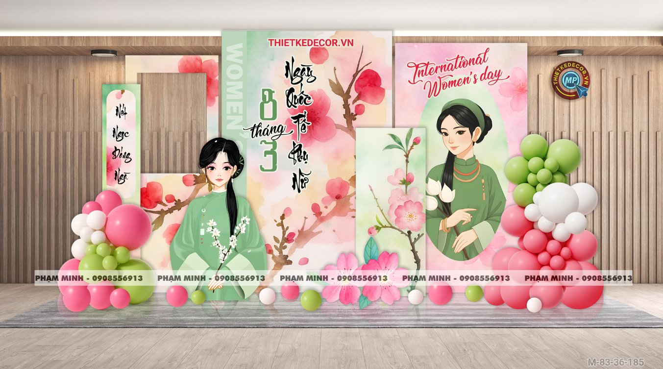 File thiết kế trang trí decor chúc chào mừng ngày Quốc tế Phụ nữ 8 tháng 3 tone hồng xanh lá be đẹp sang trọng cho Ngân hàng, công ty, nhà hàng, sảnh chung cư, trường học, quán cà phê...
