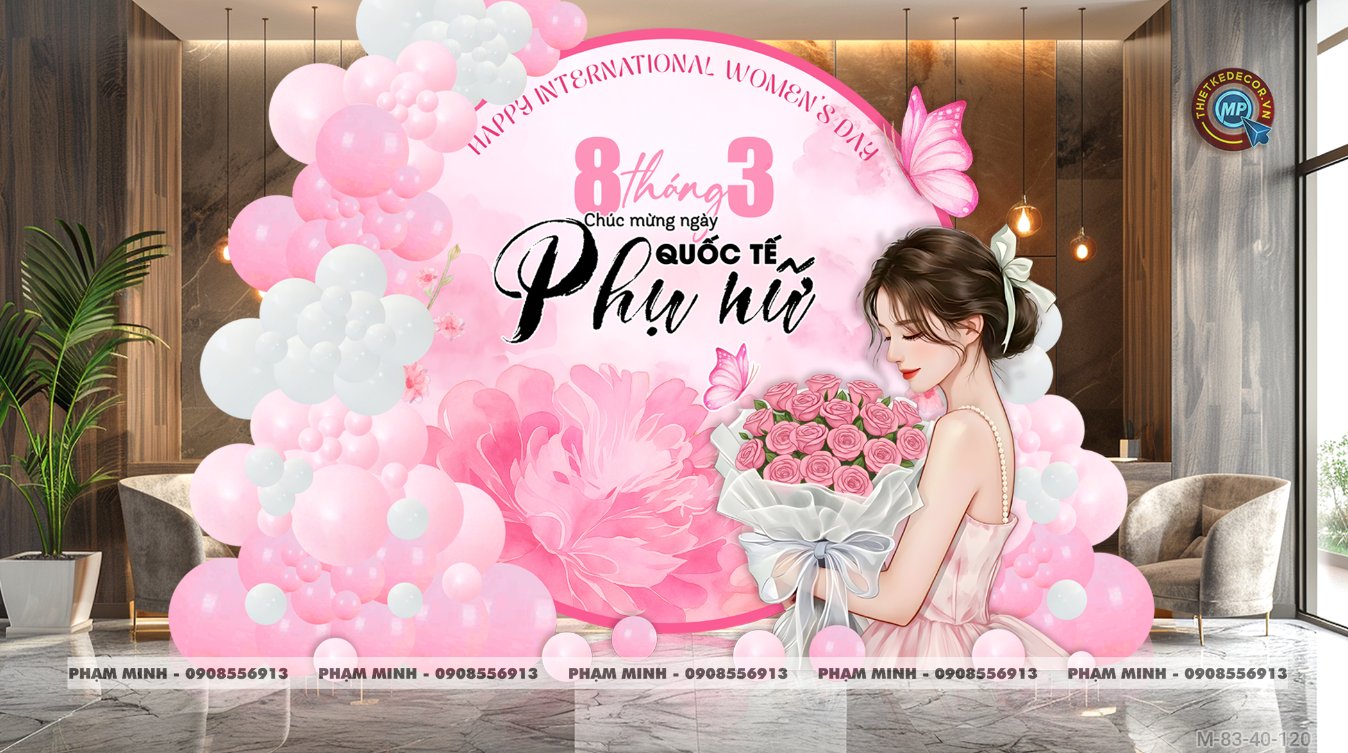 File thiết kế trang trí decor chúc chào mừng ngày Quốc tế Phụ nữ 8 tháng 3 tone hồng đẹp sang trọng cho Ngân hàng, công ty, nhà hàng, sảnh chung cư, trường học, quán cà phê...