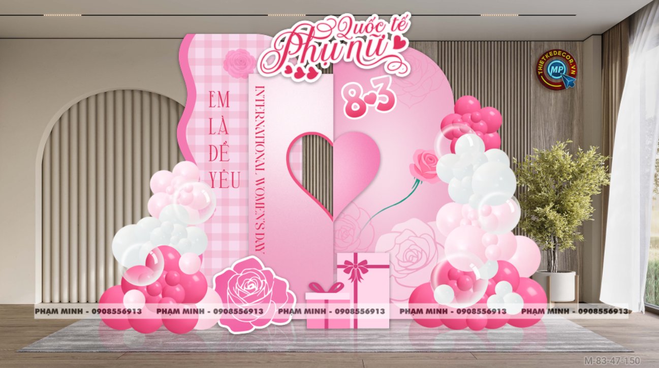 File thiết kế trang trí decor chúc chào mừng ngày Quốc tế Phụ nữ 8 tháng 3 tone hồng đẹp sang trọng cho Ngân hàng, công ty, nhà hàng, sảnh chung cư, trường học, quán cà phê...