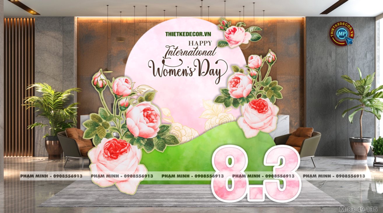 File thiết kế trang trí decor chúc chào mừng ngày Quốc tế Phụ nữ 8 tháng 3 tone hồng xanh lá be đẹp sang trọng cho Ngân hàng, công ty, nhà hàng, sảnh chung cư, trường học, quán cà phê...