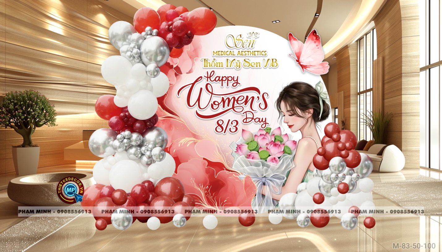 File thiết kế trang trí decor chúc chào mừng ngày Quốc tế Phụ nữ 8 tháng 3 tone đỏ đẹp sang trọng cho Ngân hàng, công ty, nhà hàng, sảnh chung cư, trường học, quán cà phê...