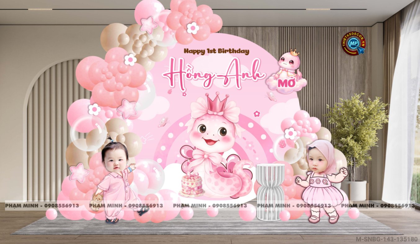 File thiết kế sinh nhật bé gái 1 tuổi rắn tỵ tone hồng decor trang trí bong bóng chủ đề công chúa lâu đài đáng yêu dễ thương sang trọng