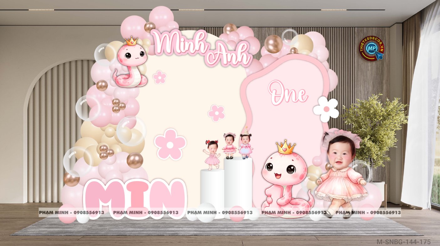 File thiết kế sinh nhật bé gái 1 tuổi rắn tỵ tone hồng decor trang trí bong bóng chủ đề công chúa lâu đài đáng yêu dễ thương sang trọng