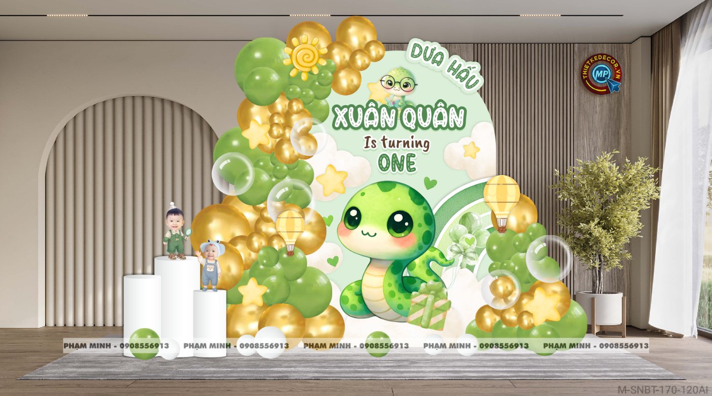 File thiết kế sinh nhật bé trai 1 tuổi rắn tỵ decor trang trí bong bóng tone xanh lá cute dễ thương đáng yêu